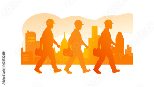 Construction workers walking silhouette in city background construction industry and builder concept vector