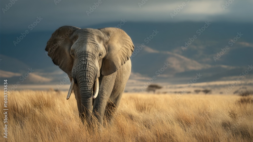 Obraz premium Majestic elephant roaming the serengeti wildlife photography natural habitat wide-angle view nature conservation