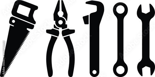Black Silhouette Hand Saw Pliers Adjustable Wrench Open End Wrench Tools