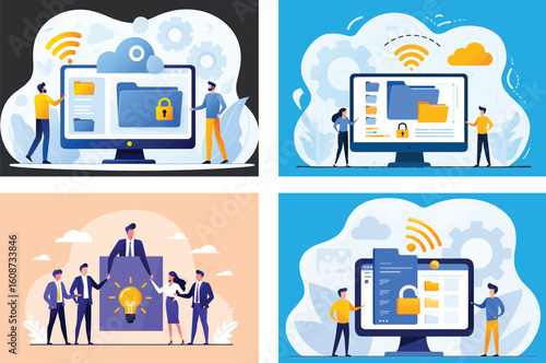 Business technology and data security vector illustration set. Cloud computing and teamwork concepts.