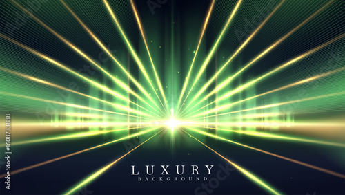 Green northern lights scene and city glowing in the night sky decorated with golden glow effect and stars, luxury style background design concept.