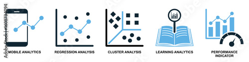 Set data analysis icon vector. Perfect for representing comprehensive data interpretation, statistical tools, or analytical processes.