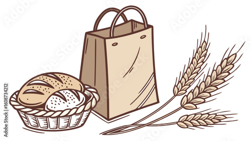 Fresh baked bread in basket with wheat and paper bag bakery product illustration design vector
