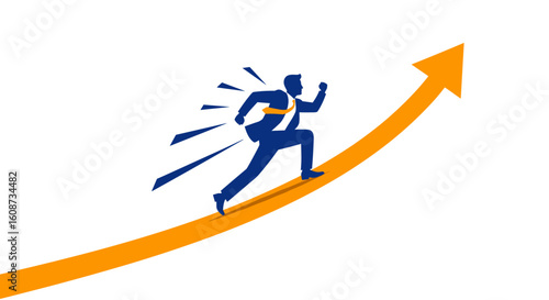 A stylized businessman runs swiftly upwards along an orange arrow, symbolizing growth, success, and ambition in business and career, representing progress and reaching goals.