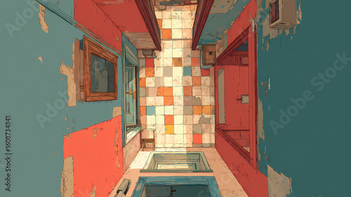 Overhead view of hallway, floor patchwork revealing layers of past repairs in tonal flatness. Illustration