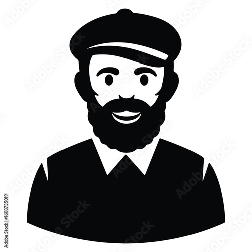 Vector illustration of a bearded man wearing a cap in a simplified black and white style