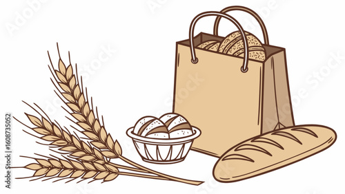 Fresh baked bread and pastries in a bag with wheat vector illustration for bakery and food design needs