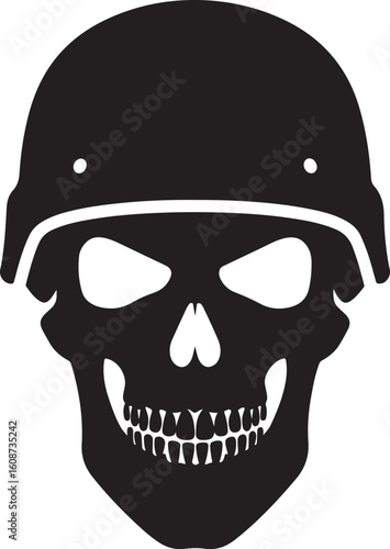 Skull wearing a military helmet in a black silhouette icon, representing danger, death, war, protection, and military themes