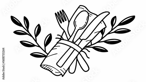 Elegant restaurant silverware cutlery set with napkin and floral decoration vector illustration design