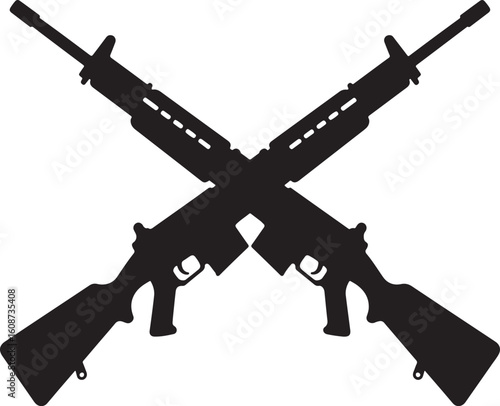Black silhouette of two crossed rifles, symbolizing military, protection, armed forces, defense, security, and honor on a white background