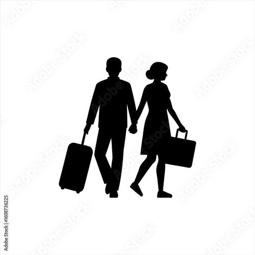 Couple walking with luggage silhouette travel