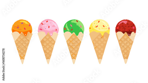 Colorful ice cream cones vector illustration for summer desserts and sweet treats graphic design projects