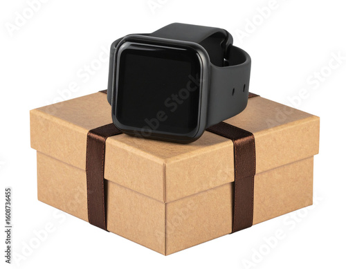 Close-Up of Smartwatch with Black Screen on Rustic Brown Gift Box.