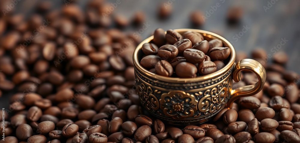 Fototapeta premium Small traditional arabic coffee cup brimming with freshly roasted coffee beans, dark, middle eastern