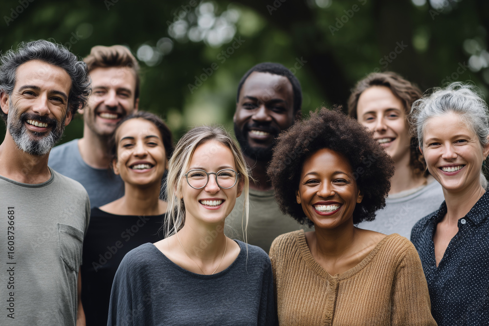 Obraz premium Diverse group portrait, smiling, different ethnicities and genders, empowering, inclusive, outdoor, modern style
