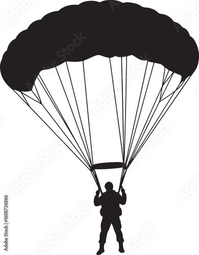 Detailed black silhouette of a paratrooper descending with an open parachute, perfect for military, airborne, and skydiving themes, symbolizing courage and adventure