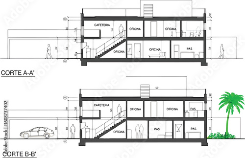Architectural drawing showing two cross sections of a modern multi story building with detailed floor plans