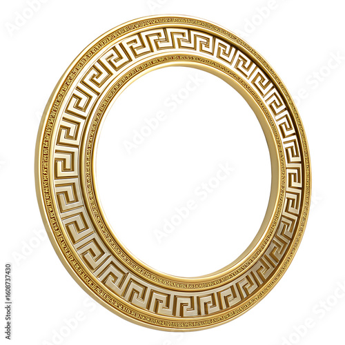A round, ornate gold frame with intricate Greek key patterns. The frame is empty, set against a black background, emphasizing its decorative design.