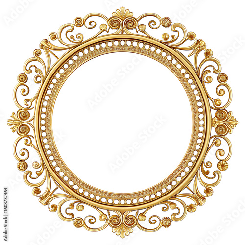 A decorative golden frame with intricate floral patterns and circular design. The frame is empty, set against a black background.