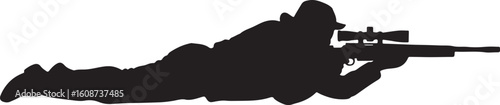 A strong black and white silhouette of a sniper in a prone position, symbolizing military operations, precision shooting, hunting, and tactical warfare