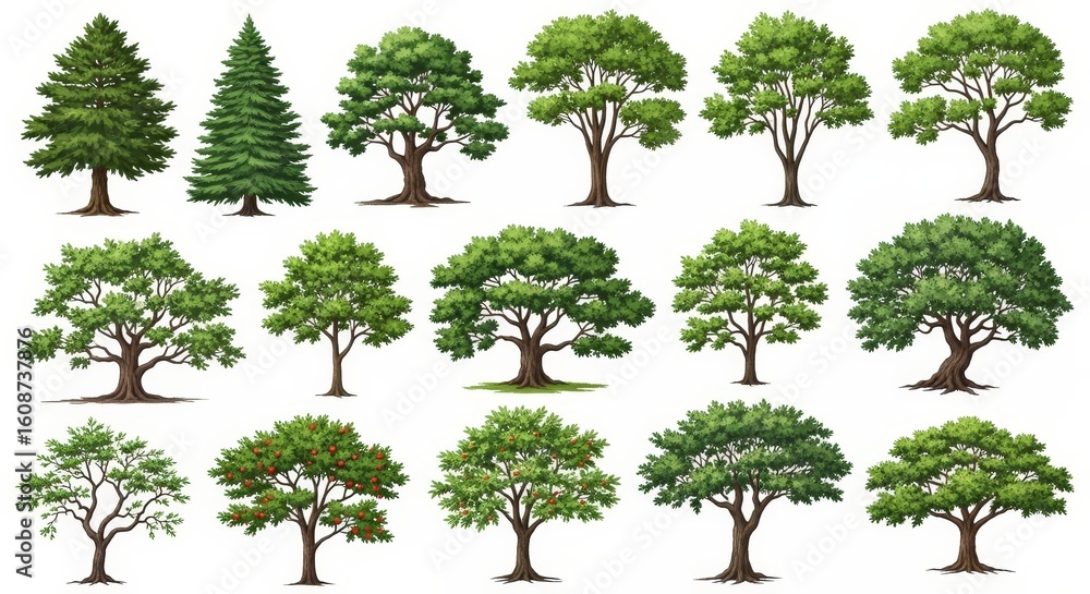 Fototapeta premium Collection of Green Trees - Various types of lush green trees isolated on a white background. Ideal for landscaping, environmental, and nature-themed projects