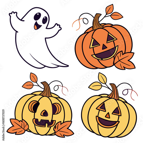 A cheerful cartoon ghost floats happily alongside three distinct jack o lanterns each with unique carved faces and autumn leaves