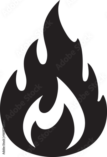 Monochromatic vector illustration of a simple flame icon, ideal for concepts of fire, heat, burning, warmth, and energy in a clean, isolated graphic style