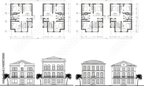 Architectural blueprint of multi story residential buildings with detailed floor plans and exterior elevations