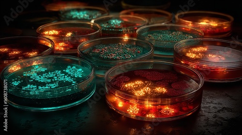 Petri dishes glow with vibrant life revealing microbial colonies a dance of science with glowing bacteria