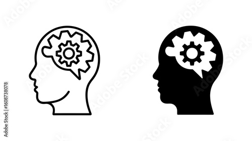 Cog in Mind:  Line Art and Silhouette Icons, Problem Solving, Thinking Process, Conceptual Illustration.