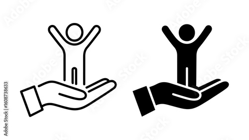 Supporting Hands: Line Art and Solid Icon Set, Childcare, Protection, and Safety Concept
