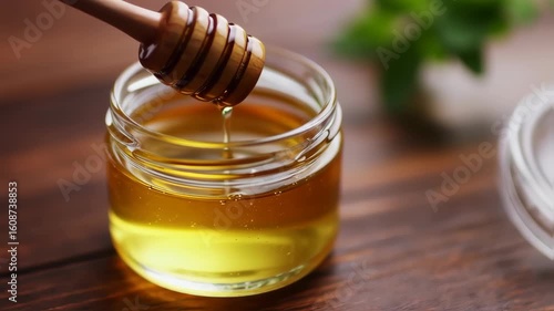 Honey dripping from dipper into jar