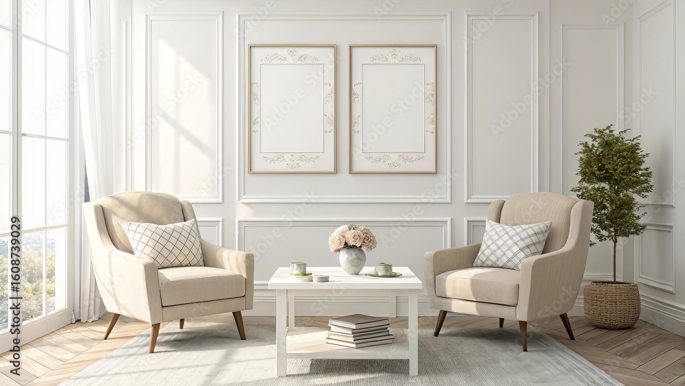 Fototapeta premium Elegant Living Room with White Frames: Natural Lighting and Soft Furnishings