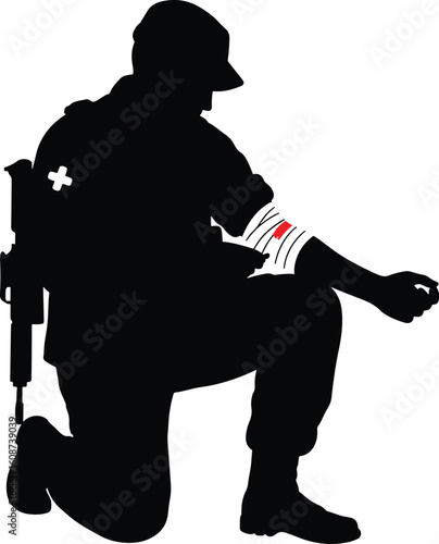 Soldier silhouette applying a tourniquet to an injured arm, symbolizing first aid, combat medicine, emergency response, and military medical training