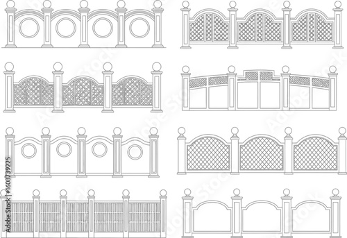 Collection of ornate wrought iron fence designs and decorative metal gate architectural sketches for design inspiration