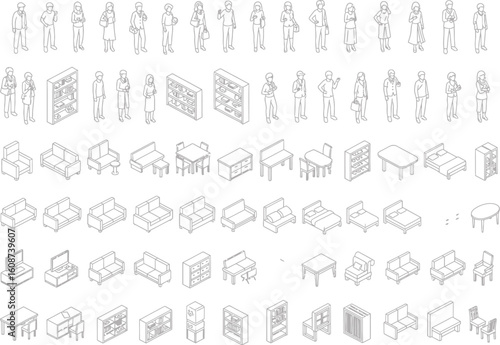 Collection of architectural elevation sketches of diverse building facades and urban structures in a detailed line drawing style