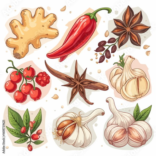 Aromatic collection of culinary spices and herbs for cooking. Vector illustration of ginger, chili, garlic, and star anise.