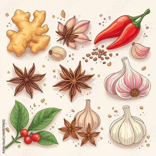Aromatic culinary collection of hand-drawn spices and herbs. Assortment of ginger, garlic, star anise, and chili peppers for cooking.