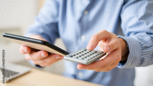 Man calculates the debt at hand with a calculator.