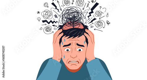 An illustration depicts a man experiencing a mental health crisis, with a tangled brain and symbols of stress, showing the impact of anxiety and emotional distress.