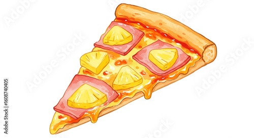 Pineapple Pizza Slice with Ham Watercolor Illustration Isolated on White
