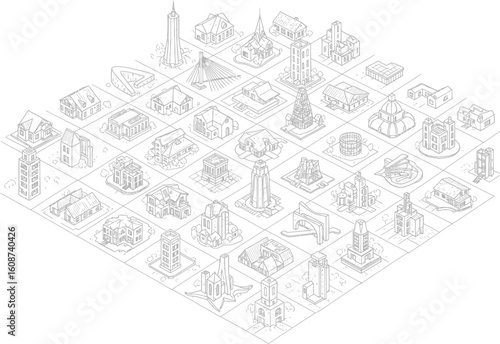 Intricate isometric line art illustration of a dense futuristic city skyline with diverse architectural styles and towering skyscrapers