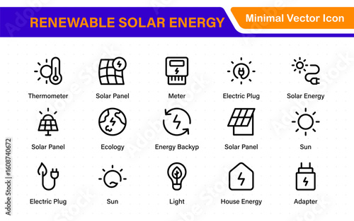 Renewable solar energy icons with sun-powered PV panels, smart inverter, energy meter, OTG setup, battery bank, charge controller, and green home power system elements.