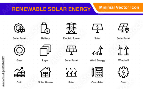 Renewable solar energy icons with sun-powered PV panels, smart inverter, energy meter, OTG setup, battery bank, charge controller, and green home power system elements.