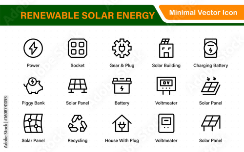 Renewable solar energy icons with sun-powered PV panels, smart inverter, energy meter, OTG setup, battery bank, charge controller, and green home power system elements.