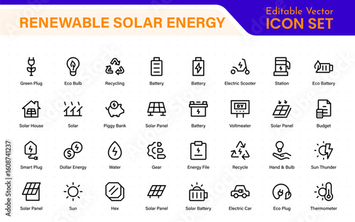 Renewable solar energy icons with sun-powered PV panels, smart inverter, energy meter, OTG setup, battery bank, charge controller, and green home power system elements.