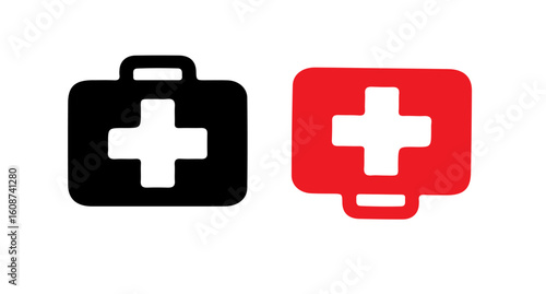 Black and red first aid kit icons displayed on a clean white background surface view