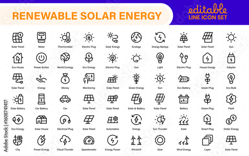 Renewable solar energy icons with sun-powered PV panels, smart inverter, energy meter, OTG setup, battery bank, charge controller, and green home power system elements.