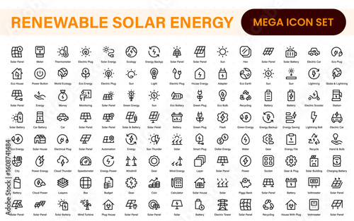 Renewable solar energy icons with sun-powered PV panels, smart inverter, energy meter, OTG setup, battery bank, charge controller, and green home power system elements.
