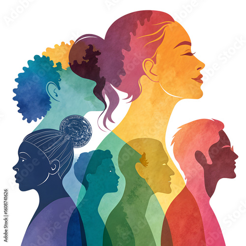Silhouettes of diverse people in profile, showcasing various hairstyles and colors. The scene emphasizes unity and diversity among different ethnicities.